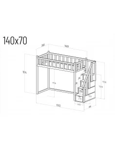 Patrová postel se schody 140 × 70 cm – technický výkres