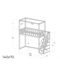 Hochbett 140×70 cm mit Deckenaufbau – 120 cm Freiraum unter dem Bett – technische Zeichnung