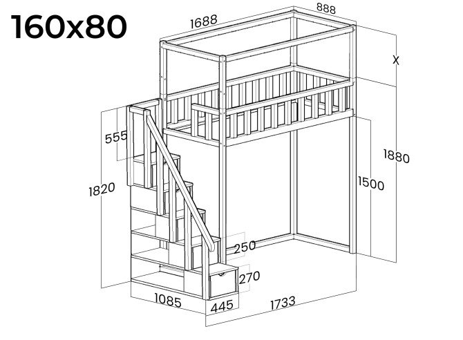 Łóżko antresola 160×80 z konstrukcją do sufitu – wysokość pod łóżkiem 150 cm – rysunek techniczny