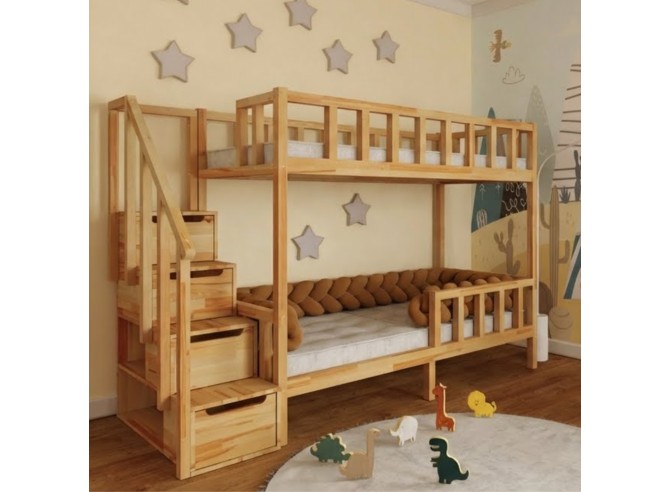 Bunk bed with a brown braided protective bumper