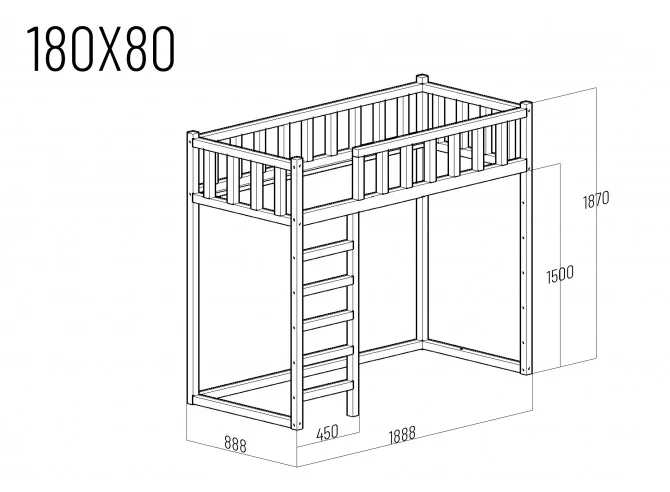 Loft bed 180 × 80 cm, 150 cm height – FILIP with ladder – technical drawing